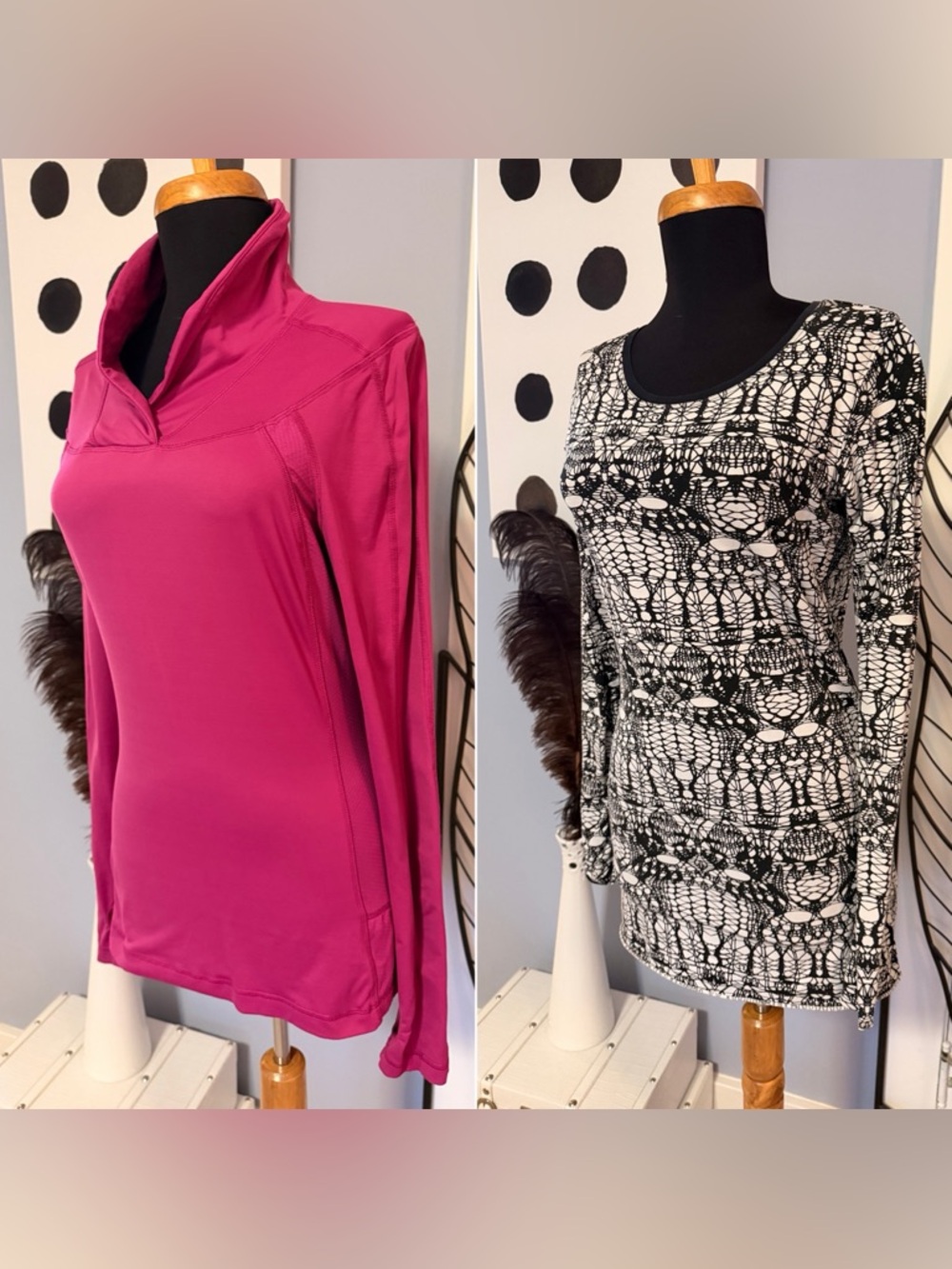 ~Lululemon Lot of 2: Raspberry and Black/White Long Sleeve Run Shirts Sz. 8 $176